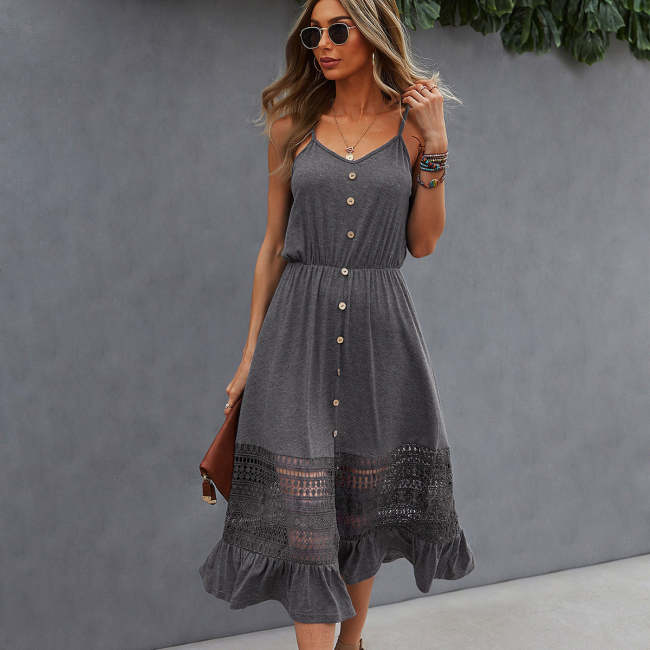 Solid Gray Color Lace Patchwork Slip Dress