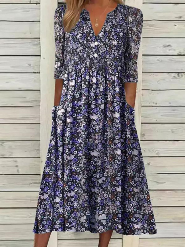 Women's Spring Summer Dress V-Neck Floral Print Vintage A Line Midi Dresses
