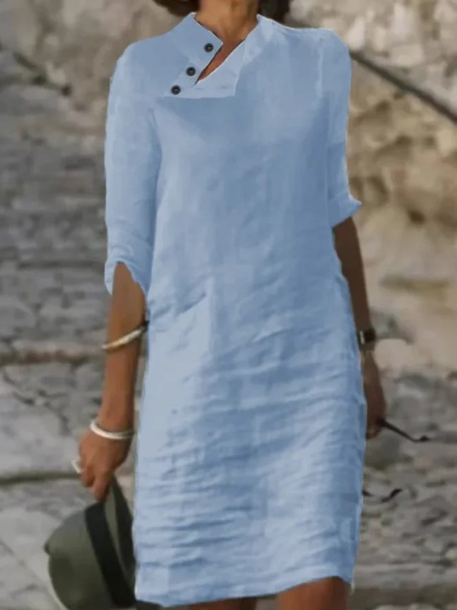 Women's Cotton Linen Dress Irregular Neck Mid Sleeve Linen Dresses