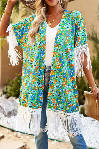 Women's Boho Beach Cover Top Floral Print Open Front Tassel Casual Tops