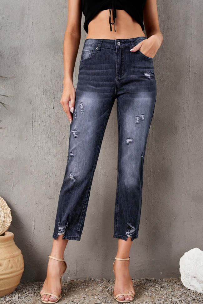 Women's Fashion Distressed Hem Cropped Denim Jeans