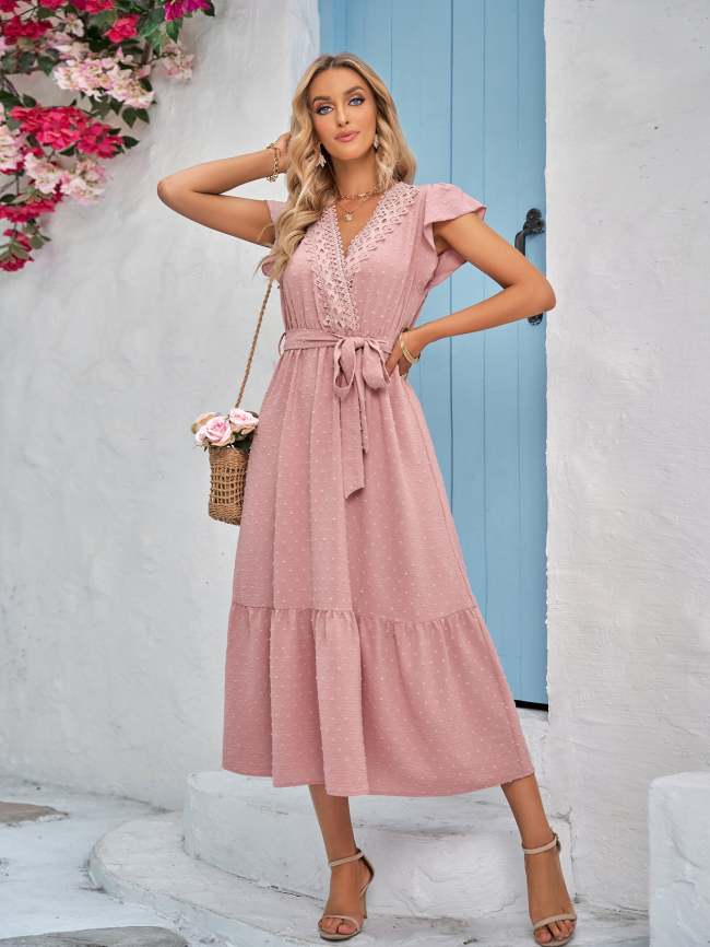 Women Ladies Summer Outfit Dresses Swiss Dot Lace Trim Puff Sleeve Dress