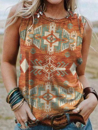 Women's Cowgirl Western Tanks Sleeveless Aztec Rust Print Crew Neck Tank Top