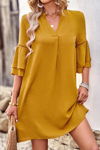 Solid Yellow Color V Neck Casual Loose Dress