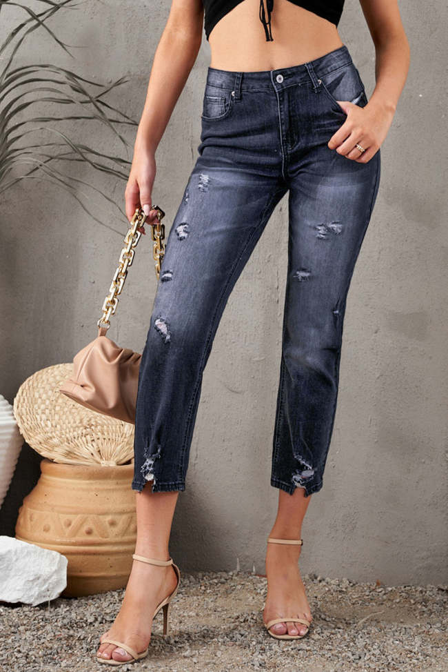 Women's Fashion Distressed Hem Cropped Denim Jeans