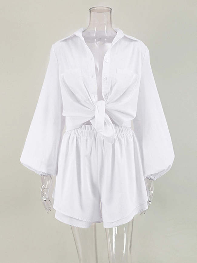 Women Shorts Sets Solid White Loose Outfits Long Blouse and Ruffle Short Pant 2Piece Set