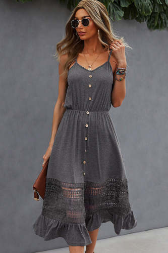 Solid Gray Color Lace Patchwork Slip Dress