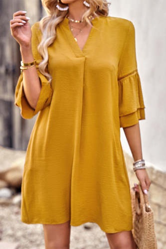 Solid Yellow Color V Neck Casual Loose Dress