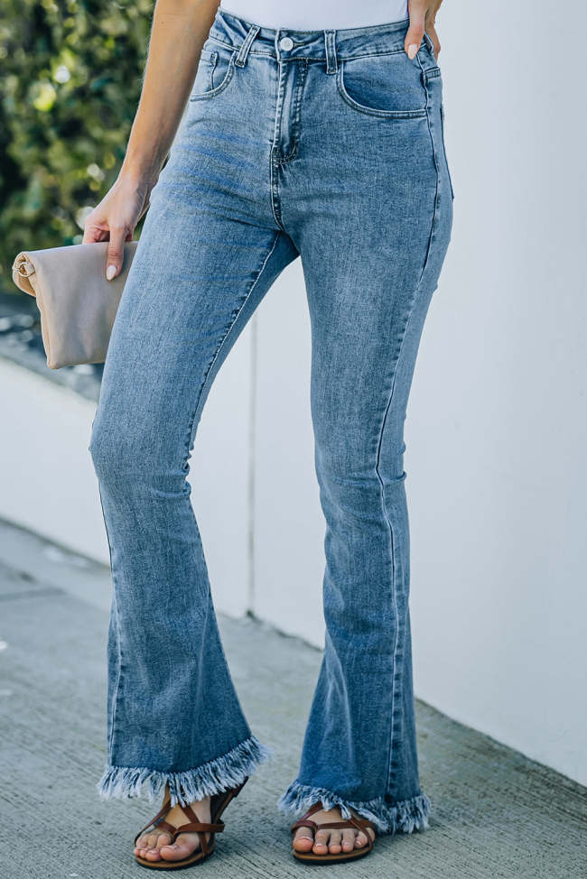 Women's Street Denim Jeans Frayed Hem Flare Jeans