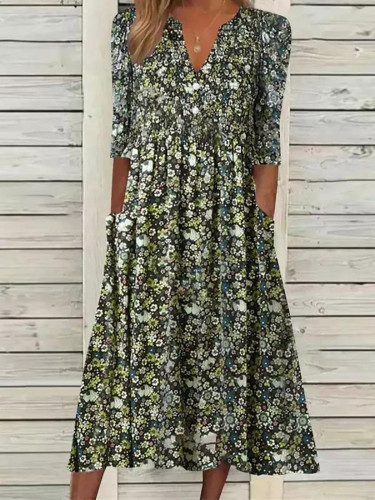 Women's Spring Summer Dress V-Neck Floral Print Vintage A Line Midi Dresses