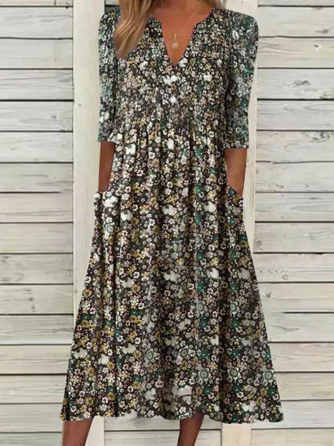 Women's Spring Summer Dress V-Neck Floral Print Vintage A Line Midi Dresses
