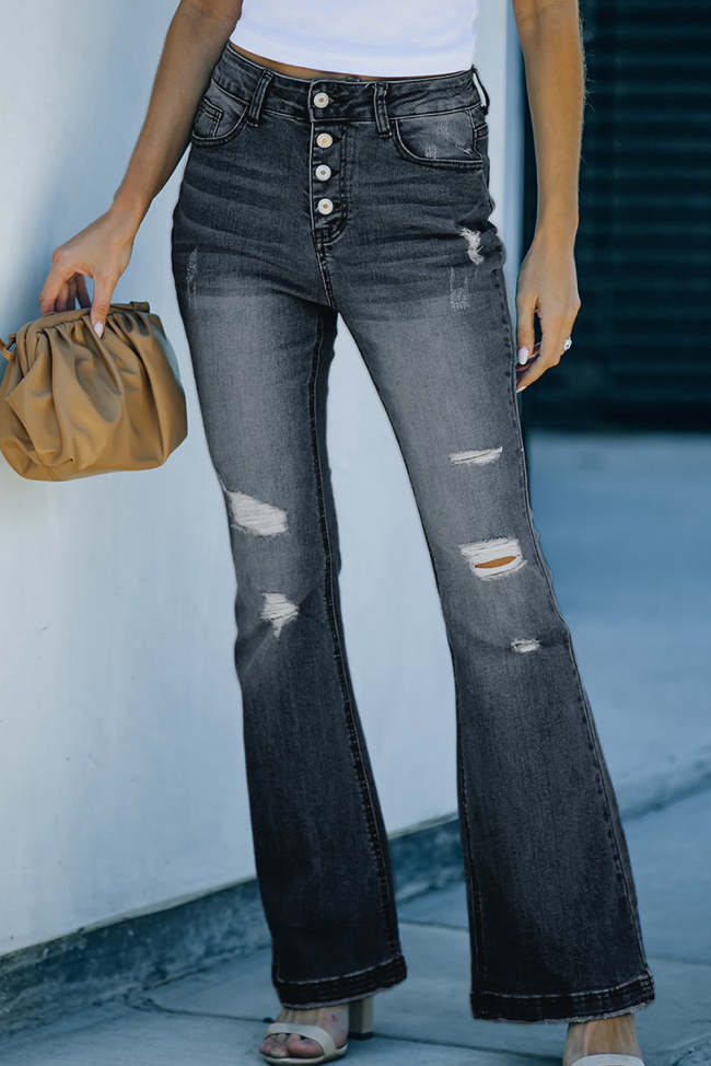 Women's Denim Jeans Distressed Button-Fly Flare Ripped Jeans