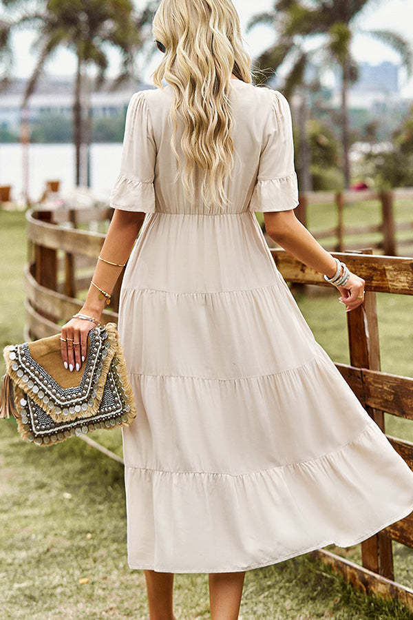 Ruffled Solid Color V Neck Casual Dress