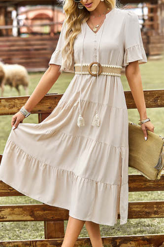 Ruffled Solid Color V Neck Casual Dress