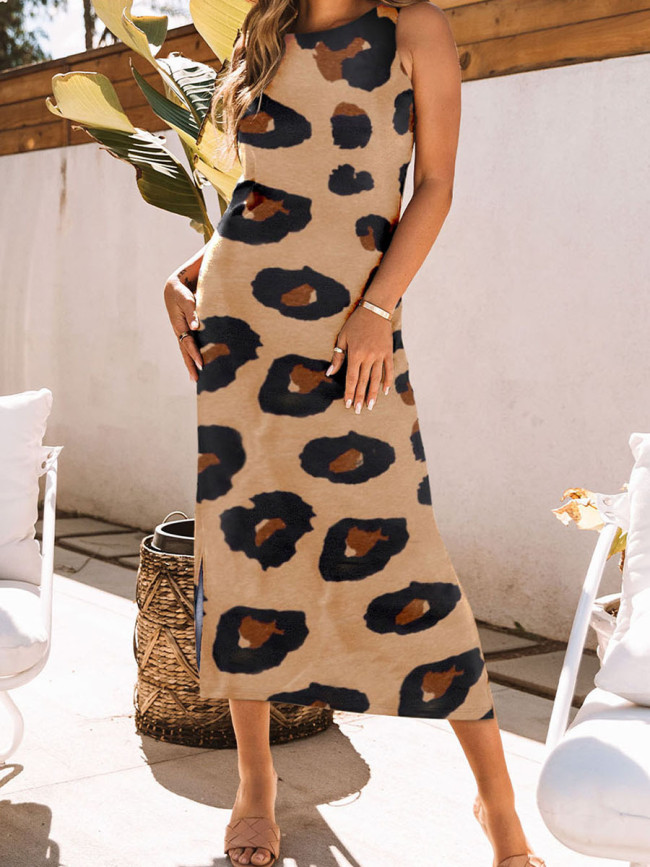 Women's Holiday Dress Leopard Print Sleeveless Backless Long Maxi Vacation Dresses