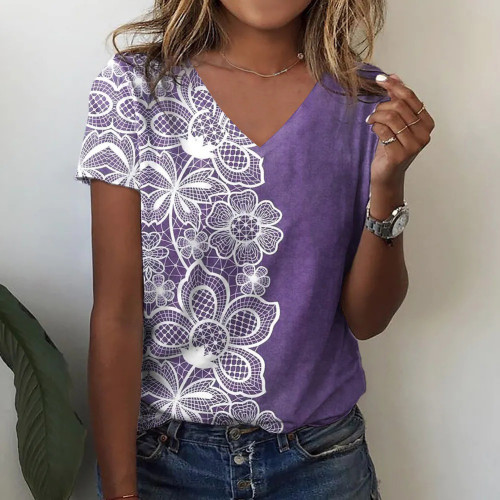 Women's Floral Patchwork Print T-Shirt V-Neck Short Sleeve Tee
