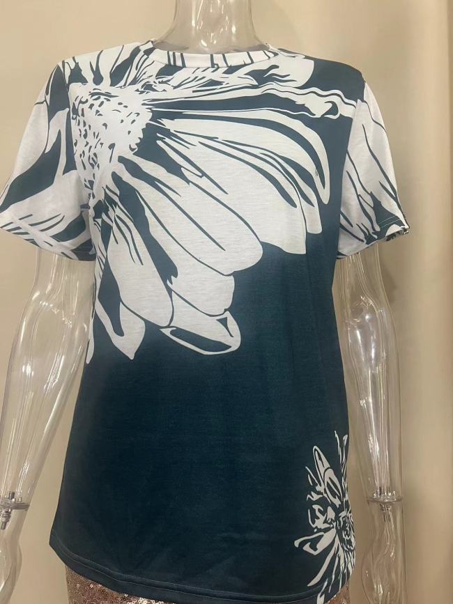 Women's Sunflower Print T-Shirt Crew Neck Short Sleeve Tee