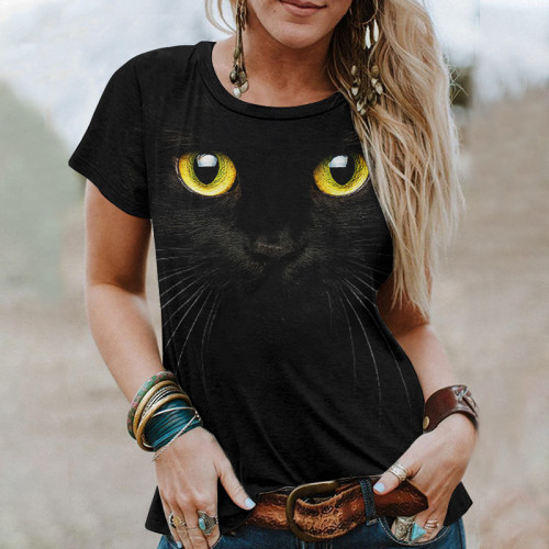 Women's Funny 3D Cat Eye Print T-Shirt Crew Neck Short Sleeve Tee