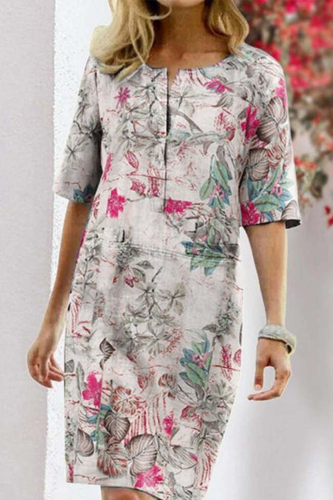 Elegant College Floral Patchwork O Neck Printed Dress Dresses