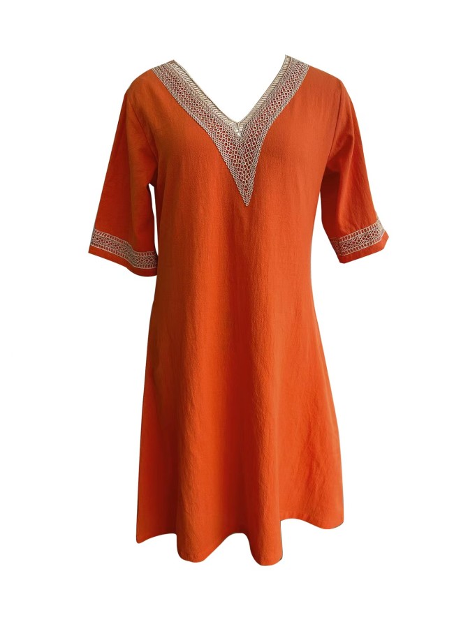 Women's Holiday Dresses Lace V-Neck Mid Sleeve Casual Cotton Linen Dress