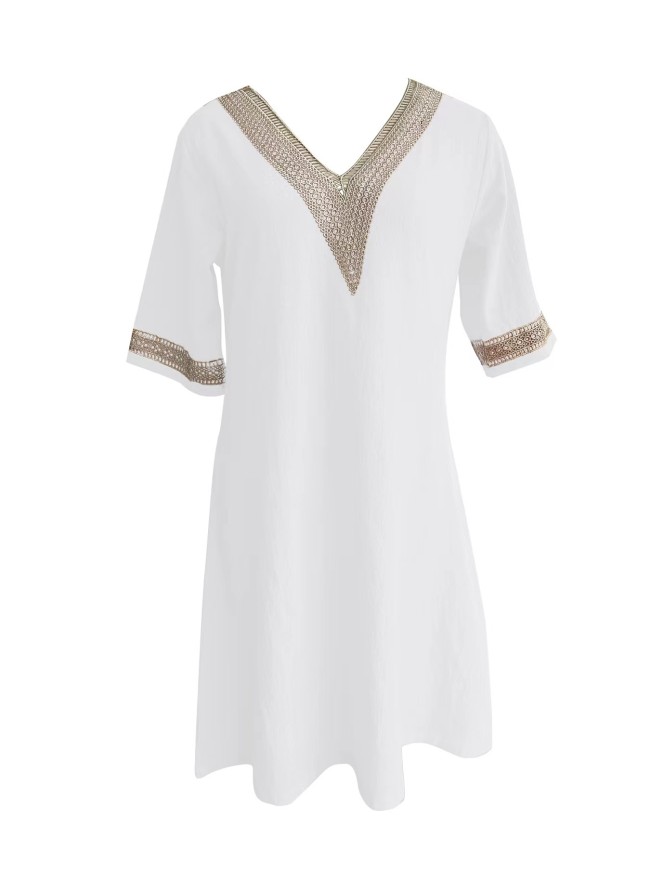 Women's Holiday Dresses Lace V-Neck Mid Sleeve Casual Cotton Linen Dress