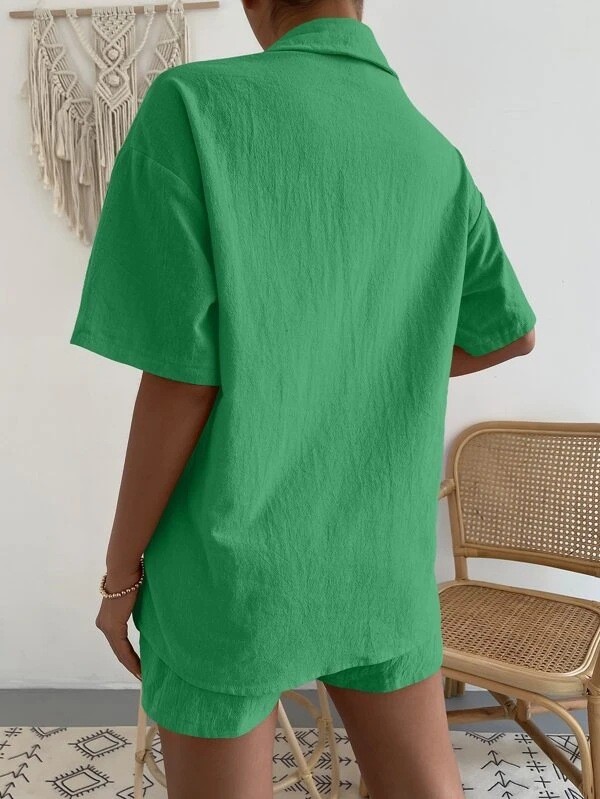 Women's Solid Set Loose Lapel Shirt Top and Short Pant Casual 2Piece Summer Set