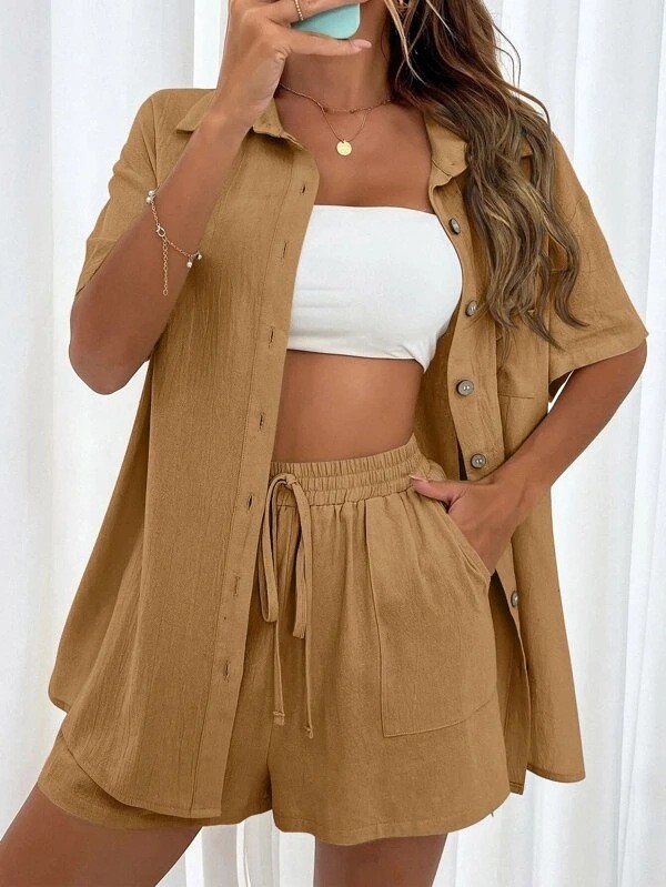 Women's Set Loose Lapel Shirt Top and Short Pant Casual Cotton Linen 2Piece Summer Set