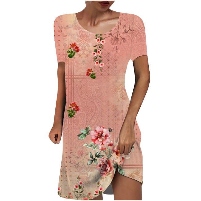 Women's Retro Vintage Dress Summer Floral Print Crew Neck A Line Dress