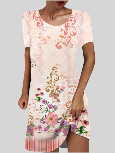 Women's Retro Vintage Dress Summer Floral Print Crew Neck A Line Dress