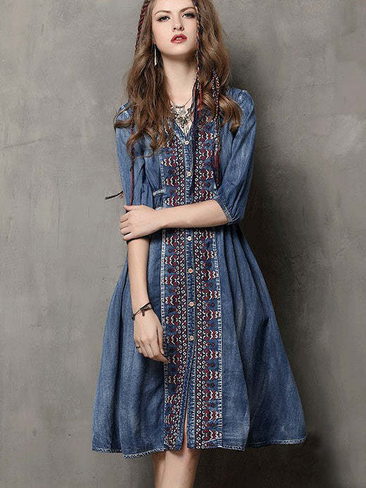 US$ 68.99 - Vintage Oversize Embroidery Denim Dress - www.zicopop.com