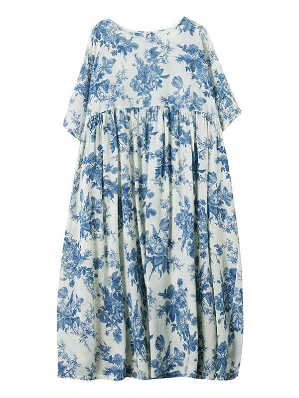 Floral Printed Pleated Split-Joint Loose Short Sleeves Round-Neck Midi Dresses