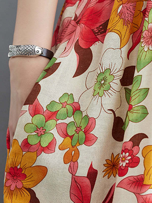 Pleated Printed Split-Joint Loose Short Sleeves Round-Neck Midi Dresses