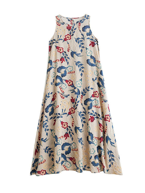 Floral Printed Loose Sleeveless Round-Neck Maxi Dresses