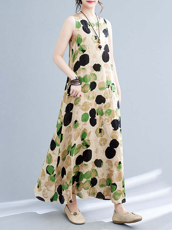 Printed Split-Joint Loose Sleeveless Round-neck Maxi Dresses