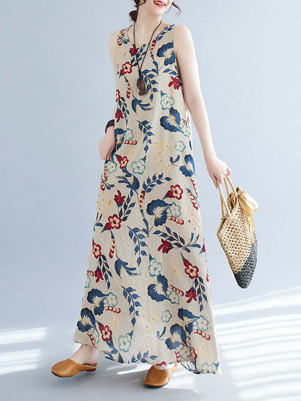 Floral Printed Loose Sleeveless Round-Neck Maxi Dresses