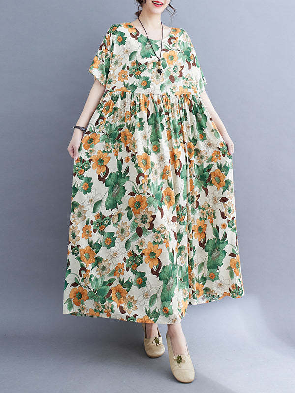 Floral Printed Pleated Split-Joint Loose Short Sleeves Round-Neck Midi Dresses