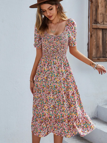 Women's Summer Floral Dresses Floral Round Neck Midi Dress