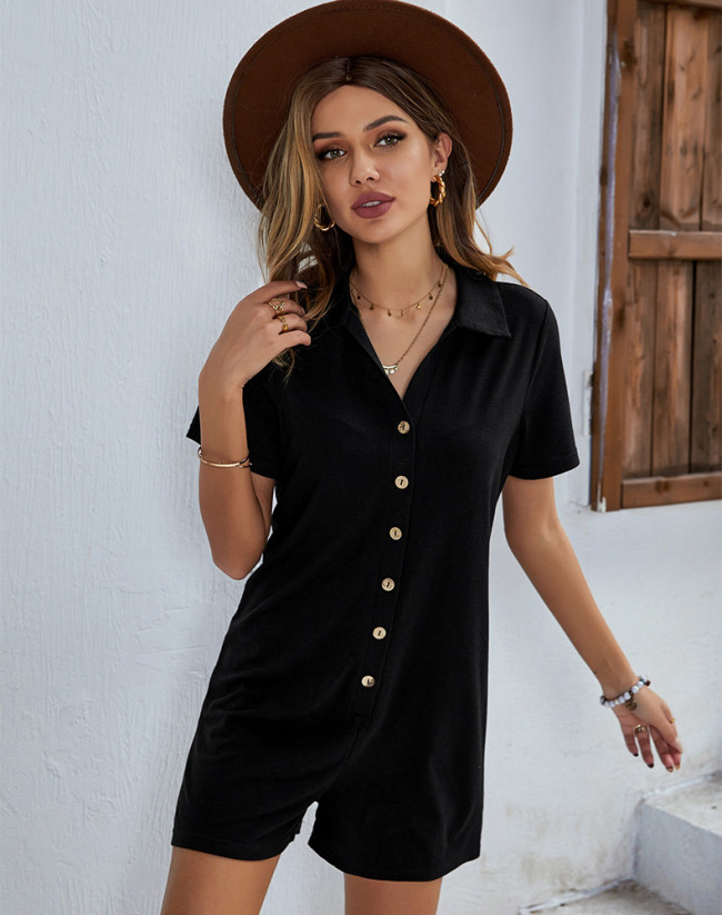 Women's Rompers Lapel Single-Breasted Short Jumpsuits Outfits