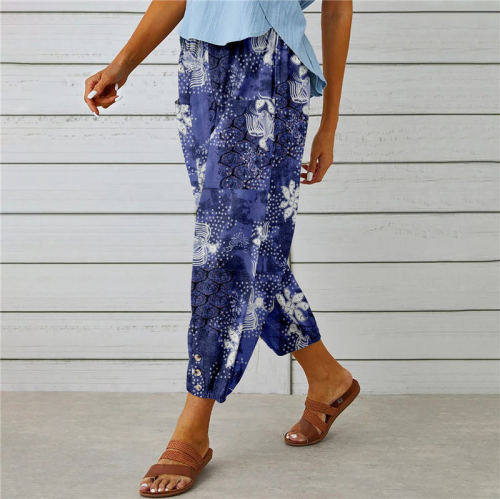 Women's Vintage Retro Blue Floral Print Loose Cotton Linen Pant