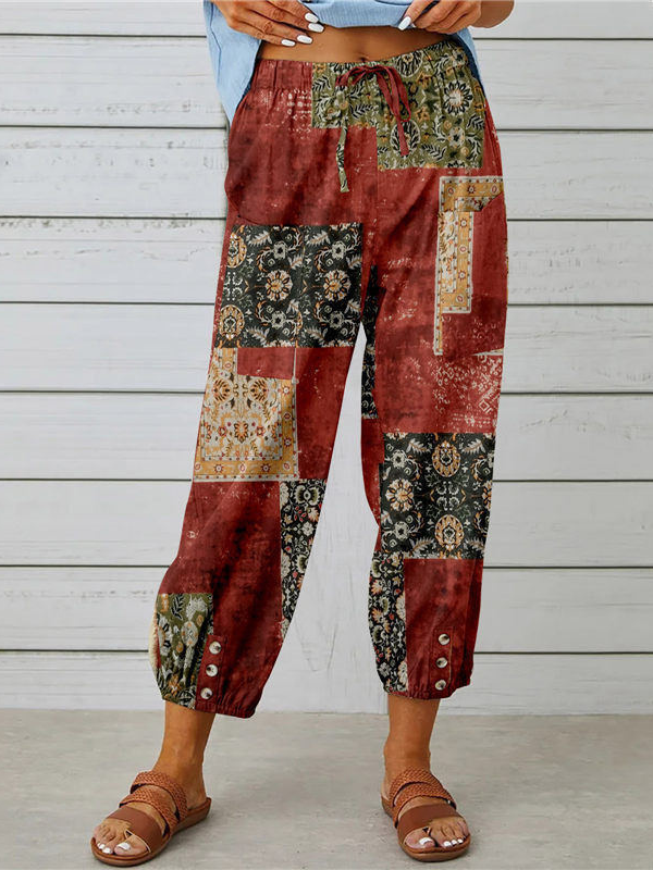 Women's Retro Red Floral Print Loose Cotton Linen Pant