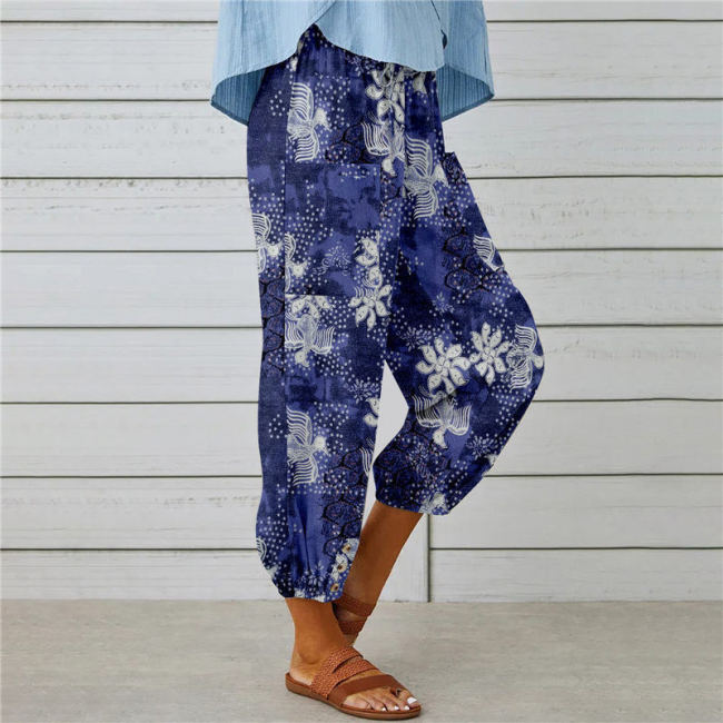 Women's Vintage Retro Blue Floral Print Loose Cotton Linen Pant