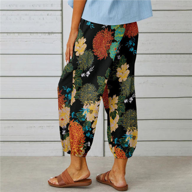 Women's Retro Black Floral Print Loose Cotton Linen Pant