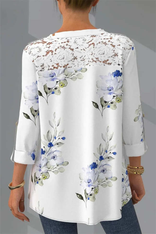 Women's Floral Blouse Lace Sleeve V-Neck Elegant Shirt