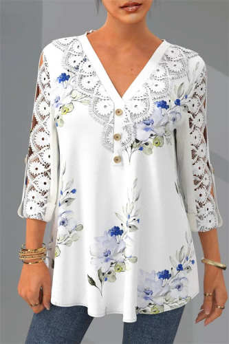 Women's Floral Blouse Lace Sleeve V-Neck Elegant Shirt
