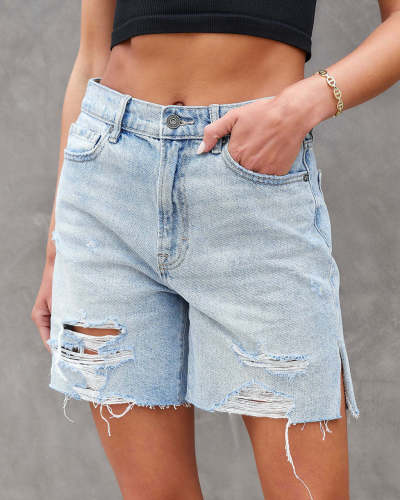 Washed Ripped Side Slit Jeans Shorts