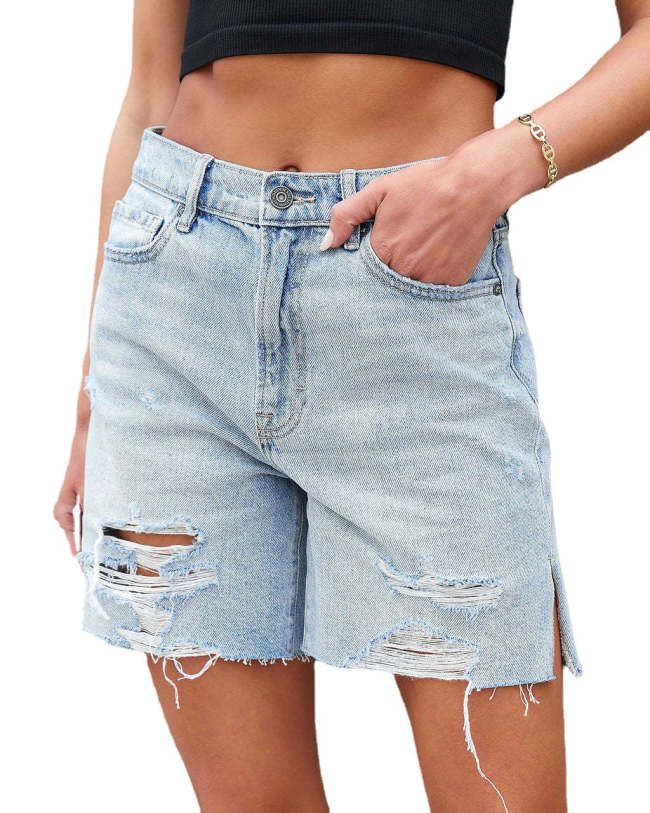 Washed Ripped Side Slit Jeans Shorts