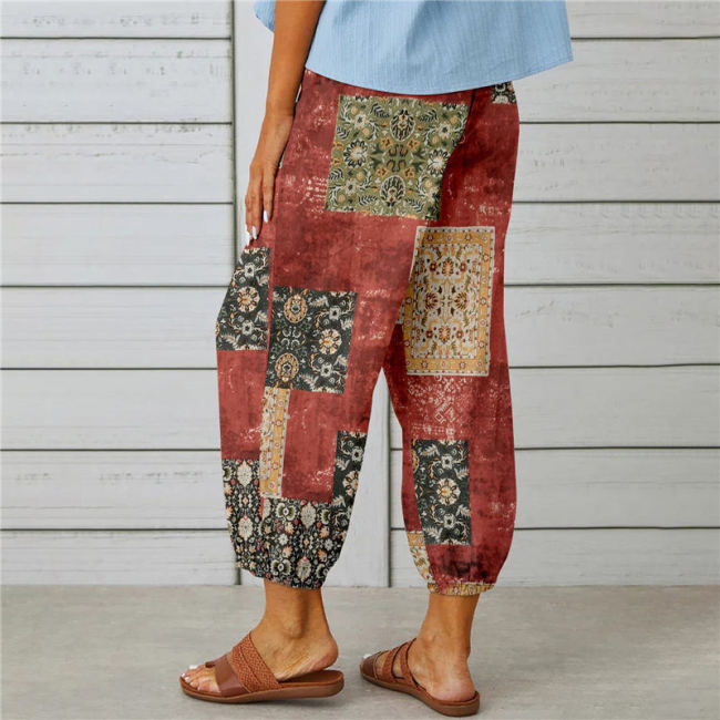Women's Retro Red Floral Print Loose Cotton Linen Pant