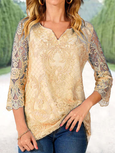 Embroidered Lace Stitching Half Sleeve Blouse