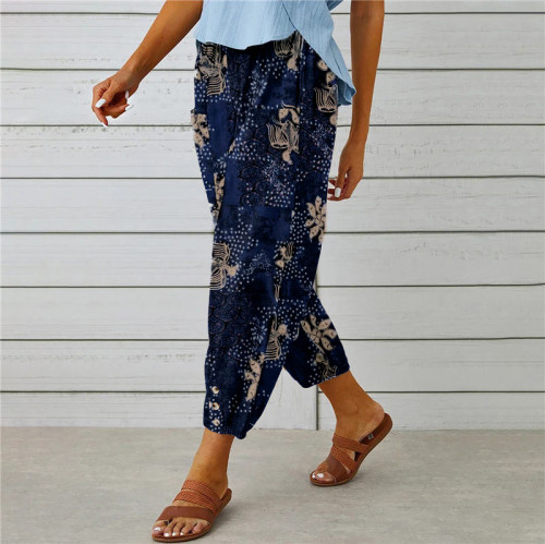 Women's Vintage Retro Blue Leaf Floral Print Loose Cotton Linen Pant
