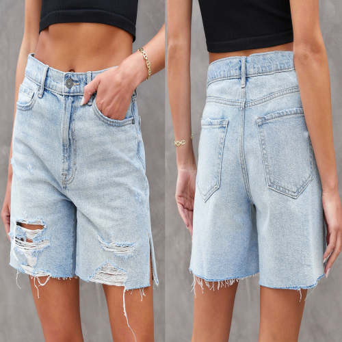 Washed Ripped Side Slit Jeans Shorts